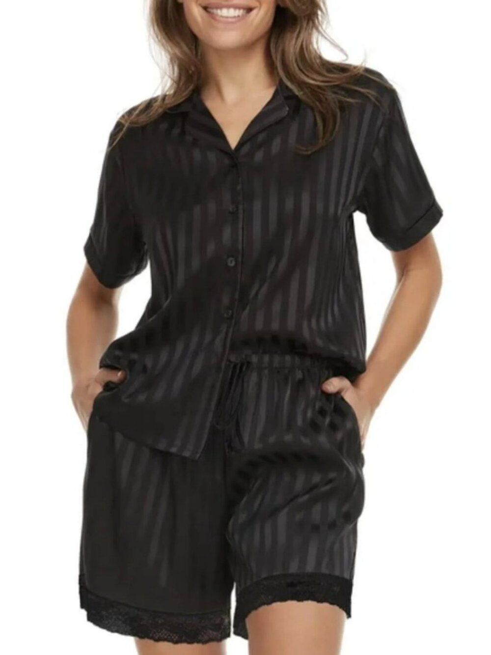 Women's 2 Piece Relaxed Fit Soft Satin Notch Collar Black Pajama Set